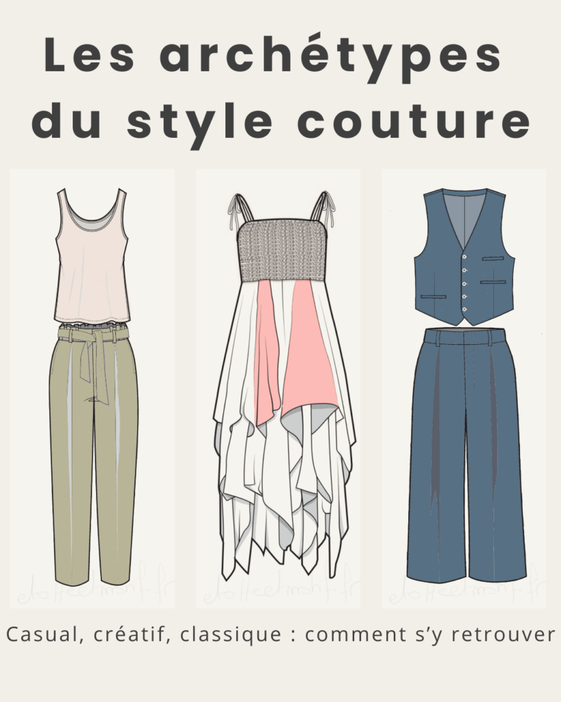 Illustration des archétypes du style couture : tenue casual, robe créative et ensemble classique
