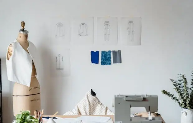atelier de couture avec mannequin, machine à coudre et croquis de vêtements