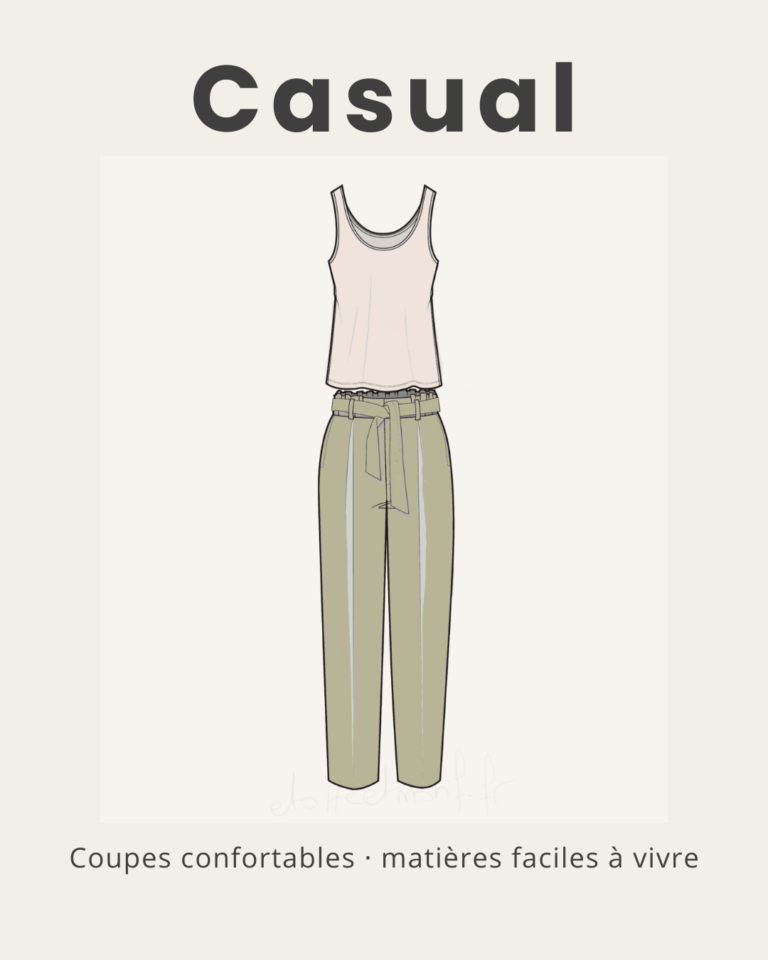 Illustration du style casual en couture avec une tenue confortable composée d’un top simple et d’un pantalon souple