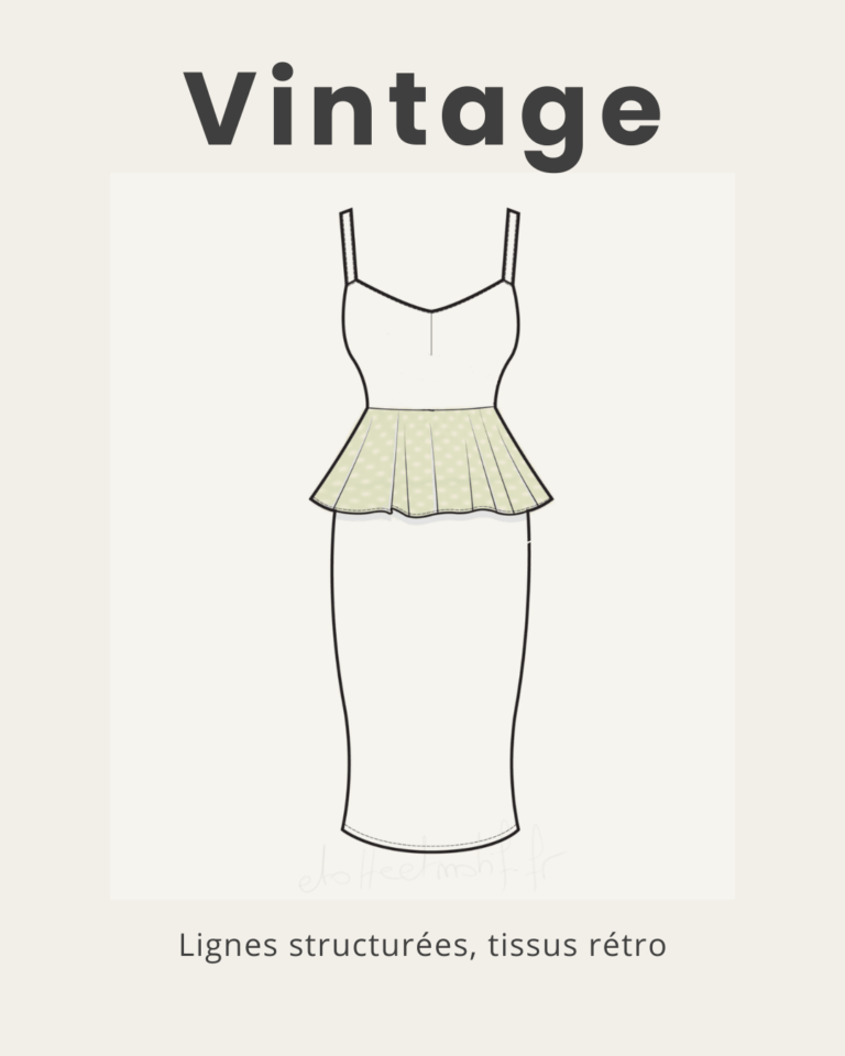 Illustration du style vintage en couture avec une robe rétro à taille marquée et lignes inspirées des années passées