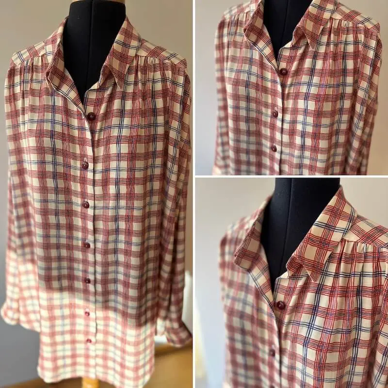 Chemise Gariguette cousue avec la box Singulière par Cousette, en viscose à carreaux rouges et bleus, vue de face sur mannequin.