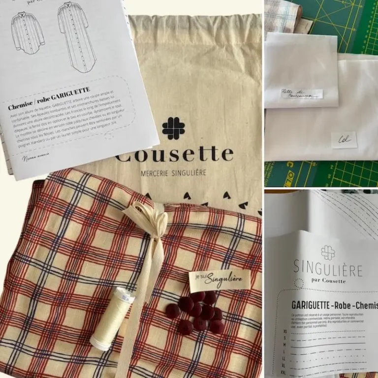 Contenu de la box chemise Gariguette : viscose à carreaux, patron papier, livret, entoilage, fil et boutons corozo bordeaux